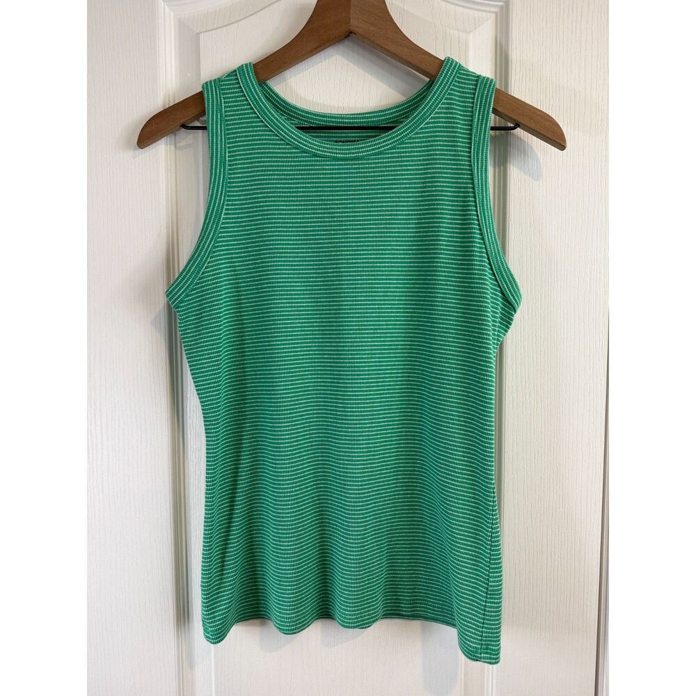 Sonoma Womens Tank Top Large Green White Striped Ribbed Stretch Sleeveless